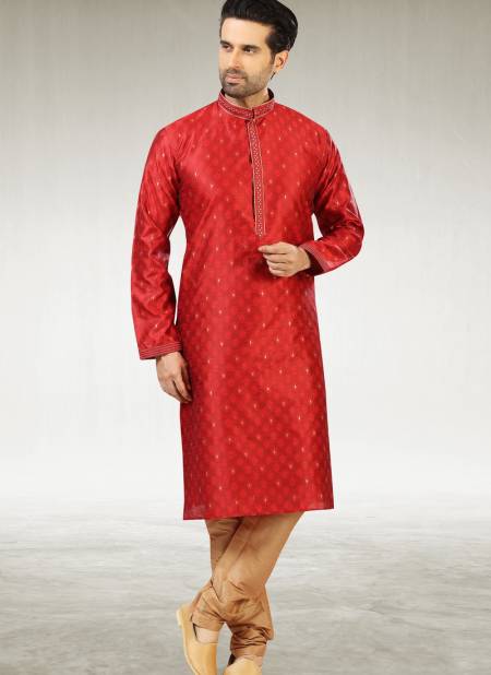 Red Colour Outluk New Latest Design Jacquard Silk Brocade Party Wear Kurta Pajama Mens Collection 1224-1032